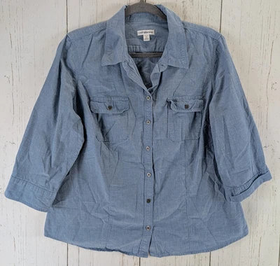 Top Croft Barrow talla grande para mujer azul con cuello abotonado manga 3/4 Foto 1 de 4