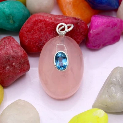 Naturale Quarzo Rosa & Topazio Blu 925 Pendente Argento Sterling Mano Gioielli - Immagine 1 di 4