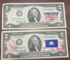 1976 two dollar Bills W/  Stamp and date stamp two consecutive serial number Unc - Picture 1 of 2
