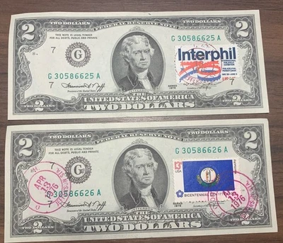 1976 two dollar Bills W/  Stamp and date stamp two consecutive serial number Unc - Image 1 of 2