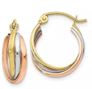 14mm 10k Yellow, White & Rose Gold Polished Hinged Hoop Earrings - Picture 1 of 2