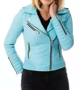 Elegante Chaqueta Azul Para Mujer Piel de Cordero Suave Motociclista Calce Ajustado Chaqueta - Imagen 1 de 7