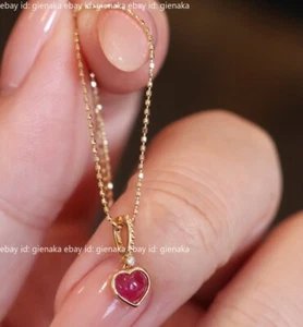 Solid 18K Gold Natural Ruby/Sapphire Diamond Love Heart Pendant Beads Necklace - Picture 1 of 11