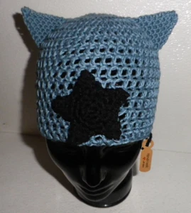 Hat Beanie Cap Adult Size Cat Ears HandMade USA Crochet Knit Blue Black Star - Picture 1 of 4