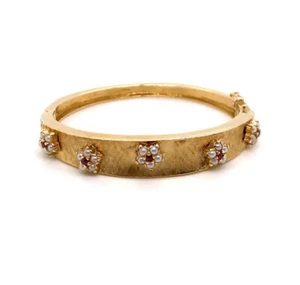 Vintage 14k Yellow Gold Bangle Bracelet with Ruby and Pearl Flowers - Picture 1 of 7