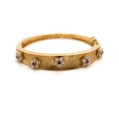 Vintage 14k Yellow Gold Bangle Bracelet with Ruby and Pearl Flowers - Image 1 of 4