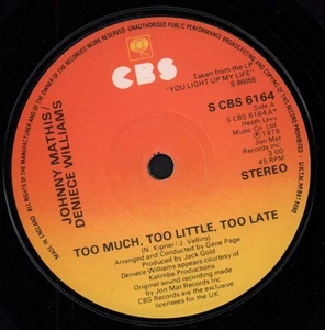 Johnny Mathis and Deniece Williams Too Much Too Little Too Late 7" vinyl UK Cbs - Picture 1 of 2