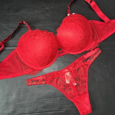 NWT Victoria's Secret 34A,34DDD,36DD BRA SET M thong Cherry Red Lace SHINE STRAP - Image 1 of 4