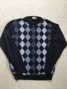 Vintage Marks & Spencer Navy Lambswool Argyle Sweater Long Sleeve Men's Size M - Picture 1 of 6