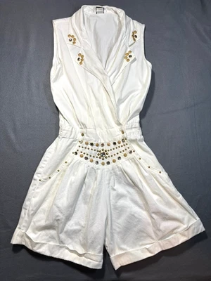 RIO INC 80s Vintage  Small White Gold Jeweled Studded Romper Medium - Image 1 of 4