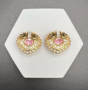 Vintage NOLAN MILLER Gold Tone Pink Crystal Venus Clip Earrings - Picture 1 of 5