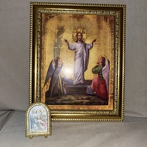 ❤️VTG RELIGIOUS ICONS HOLY FAMILY & RESURRECTION 11” & 3”TALL FRAMED CATHOLIC - Imagen 1 de 5