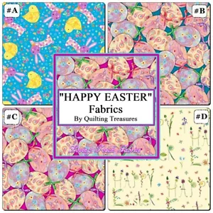 QT TURNOWSKY "FROHE OSTERN" HASEN KÜKEN EIER WORTE STOFFE PREIS @ 1/2 YD - Bild 1 von 10
