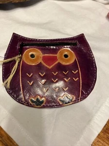 Leather Painted Owl Coin Purse with Zipper 4”x3” - Picture 1 of 3