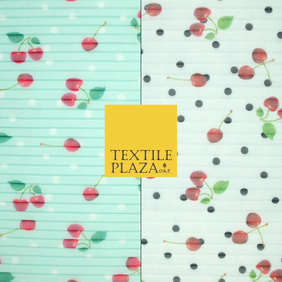 Mint White Falling Fruity Red Cherries Spotted Pleated Plisse Georgette Fabric - Image 1 of 1