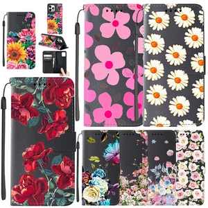 Flower Patterned Wallet Case For iPhone 16e 15 14 Pro Max 13 12 11 Leather Cover - Picture 1 of 54