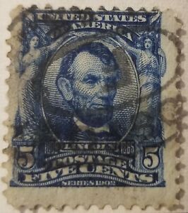 Very rare offset 5 cent abraham lincoln sc#304 used blue 1902-1903 (lot-K415)