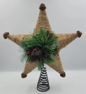 Rustic Jute Burlap Brown Star Snowflake Christmas Tree Topper Holly Greenery - Picture 1 of 4
