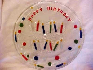 12" Fused ART GLASS Happy BIRTHDAY CANDLE Party CAKE PLATE Platter TRAVIS STUDIO - Picture 1 of 8