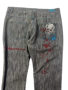 Vtg Y2K Brooklyn Xpress Denim 42x34 Meas 40x32 Gray Skull Painted Skater Baggy - Picture 1 of 18