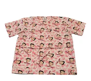 Betty Boop Medical Scrub Top Women's 1X Multi-Color All Over Screen Print Hearts - Picture 1 of 11