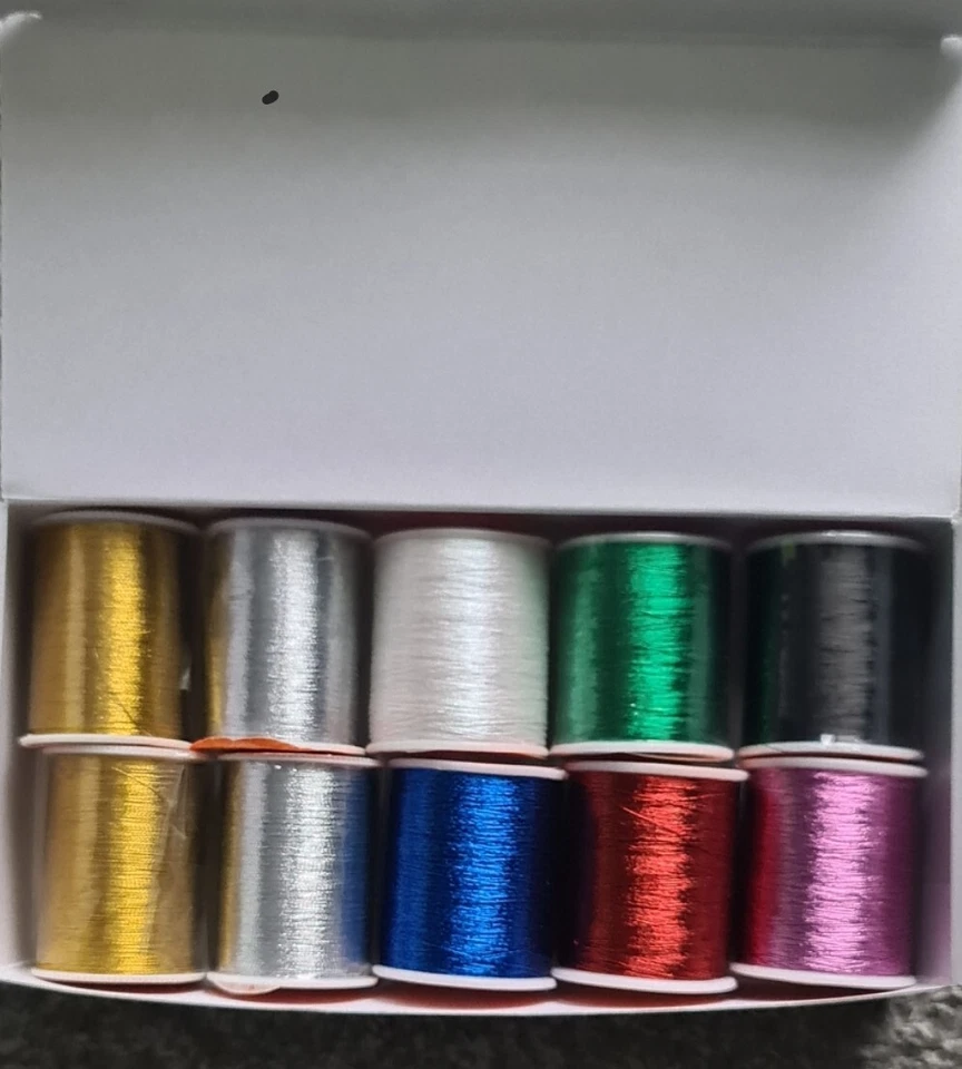 Box of 10 Metallic Embroidery Thread. 10 x 200 Yard Spools Assorted Colours - Image 1 of 1