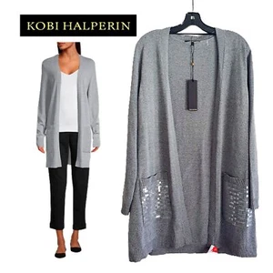 KOBI HALPERIN NEW PHOEBE Sequin Pockets Open Front Midi Cardigan XL - Picture 1 of 12
