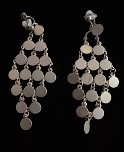 Vintage Chandelier Dangle Drop Tassel Goldtone Small Flat Disc Clip-On Earrings - Picture 1 of 3