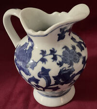 Vintage Porcelain Pitcher Vase Blue & White Decorative Floral Pictorial Tree