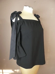 Ganni Women's 36 Clark Top in Black Tie Bell Sleeve Cold Shoulder Square Necklin - Picture 1 of 8