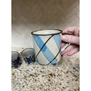 Vintage Stoneware Pottery Coffee Mug Tan Blue Brown Plaid Design - Picture 1 of 6