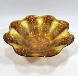 Cuenco de vidrio festoneado firmado por Jeff Price amarillo marrón 10" x 3,25" pulgadas - Imagen 1 de 5
