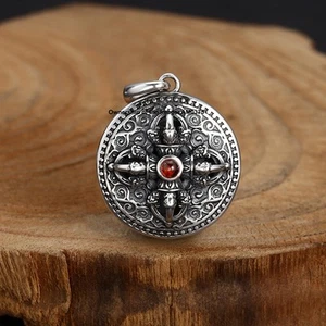 Colgante redondo Vajra budista estilo vintage de plata de ley 925 maciza - Imagen 1 de 4