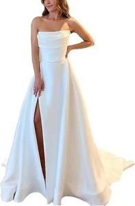 Simple Satin Wedding Dresses Bride Women Off Shoulder Sleeveless Ball Gown 14 - Picture 1 of 6