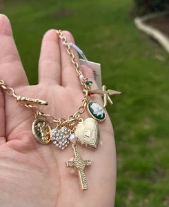 Piper K. Gold Chunky Charm Necklace – Vintage Style – Cross Heart Cameo NWT - Picture 1 of 10