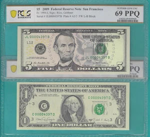 $1 and $5 2X Matching LOW Serial Number 4 Digit 00004397 PCGS Graded 69/65PPQ - Picture 1 of 2