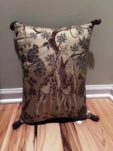 Ethan Allen Custom Pillow Giraffe Monkey Brown Green 16” x 11” Velvet Back - Picture 1 of 4