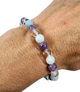 Clear Quartz Amazonite Lepidolite Polished Beaded Bracelet Brazil 11.4 grams. - Picture 1 of 2