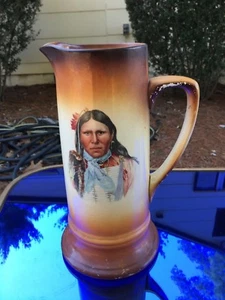 Tankard Native American Indian 11.5" Portrait Pottery RARE Warwick Transferware - Picture 1 of 12