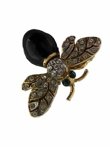 Bee Pin Black Enamel Green Eyes Brooch Pave Crystals Gold Tone Vintage - Picture 1 of 4