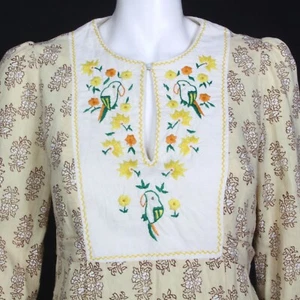 Vintage INDIA IMPORTS Block Print Embroidered Parrot Bird Floral Dress sz P /108 - Picture 1 of 7