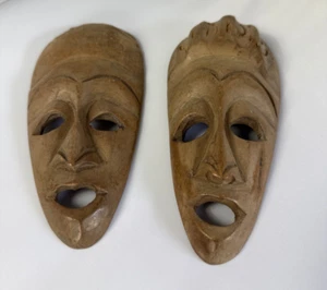 "Par de máscaras de madera tribales africanas - arte de pared tallado a mano 7""x 2 3/4""" - Imagen 1 de 6