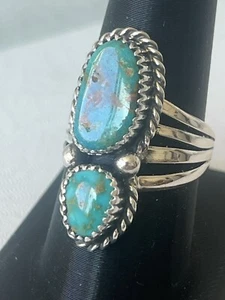 2 stone Natural Morenci Turquoise Sterling Silver Sz9 Byrd Navajo Avin Joe R0250 - Picture 1 of 6