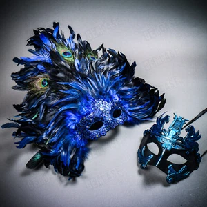 BLUE Venetian Couple Party Men Masquerade Ball & Women Large Feather Face Mask - Picture 1 of 3