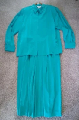 Doncaster Womens Teal Green Silky 2-Piece Ankle Skirt Blouse Set Size 14A READ - Image 1 of 4