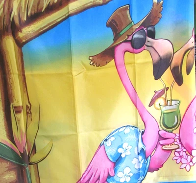 Pink Flamingo Family Shower Curtain On Tropical Beach Tiki Mom Dad Kids Print R2 - Image 1 of 4