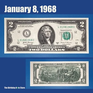 January 8, 1968 Birthday Anniversary $2 Two Dollar Bill Serial Number 01081968 - Picture 1 of 2