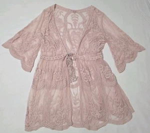 POL Pink  Floral Lace Embroidered Duster Open Cardigan Kimono Coverup S/M - Picture 1 of 12