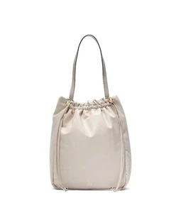Victoria’s Secret Drawstring Bag Neutral With Gold Hardware Soft Cute Trendy NWT - Picture 1 of 7
