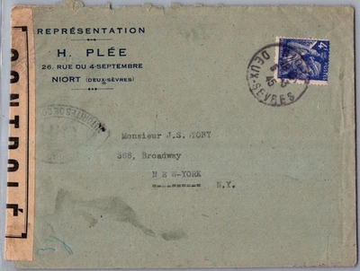 FRANCE 1945 WWII POSTAL HISTORY CENSORED COVER ADDR NY USA POSTMARK DEUX-SEVRES - Image 1 of 2